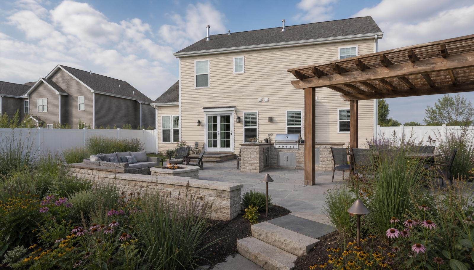 Finished Indiana backyard with limestone patio, fire pit, and native planting after Forge design-build project