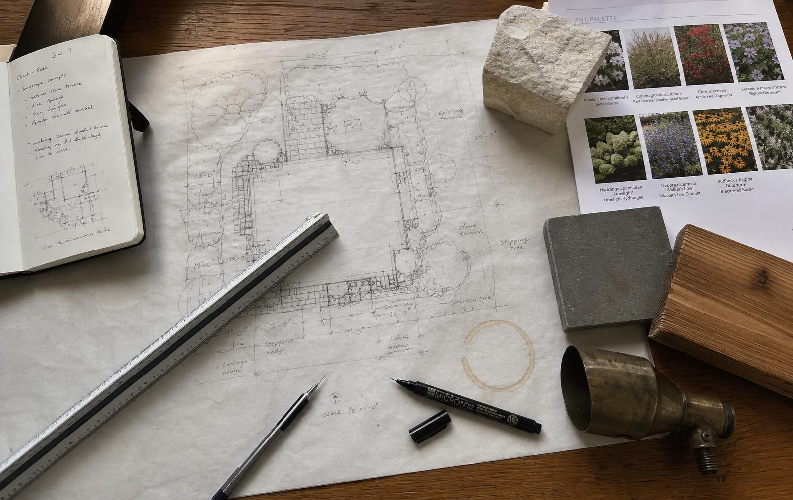 Hand-drawn landscape master plan on a drafting table with Indiana limestone, bluestone and weathered oak material samples