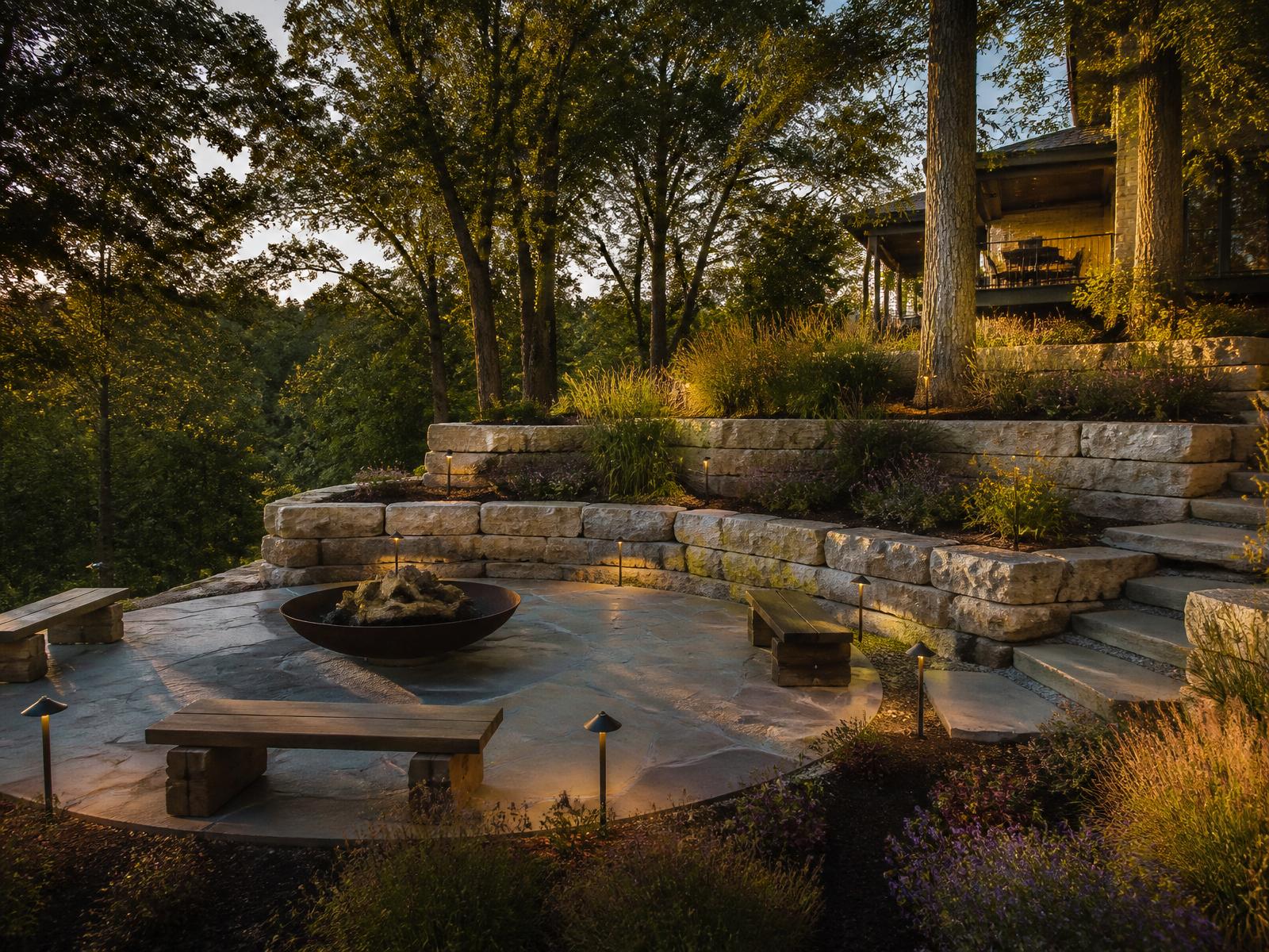 Stonehaven Ravine — Limestone Fire Terrace · Retaining Walls · Native Planting in Fishers, IN