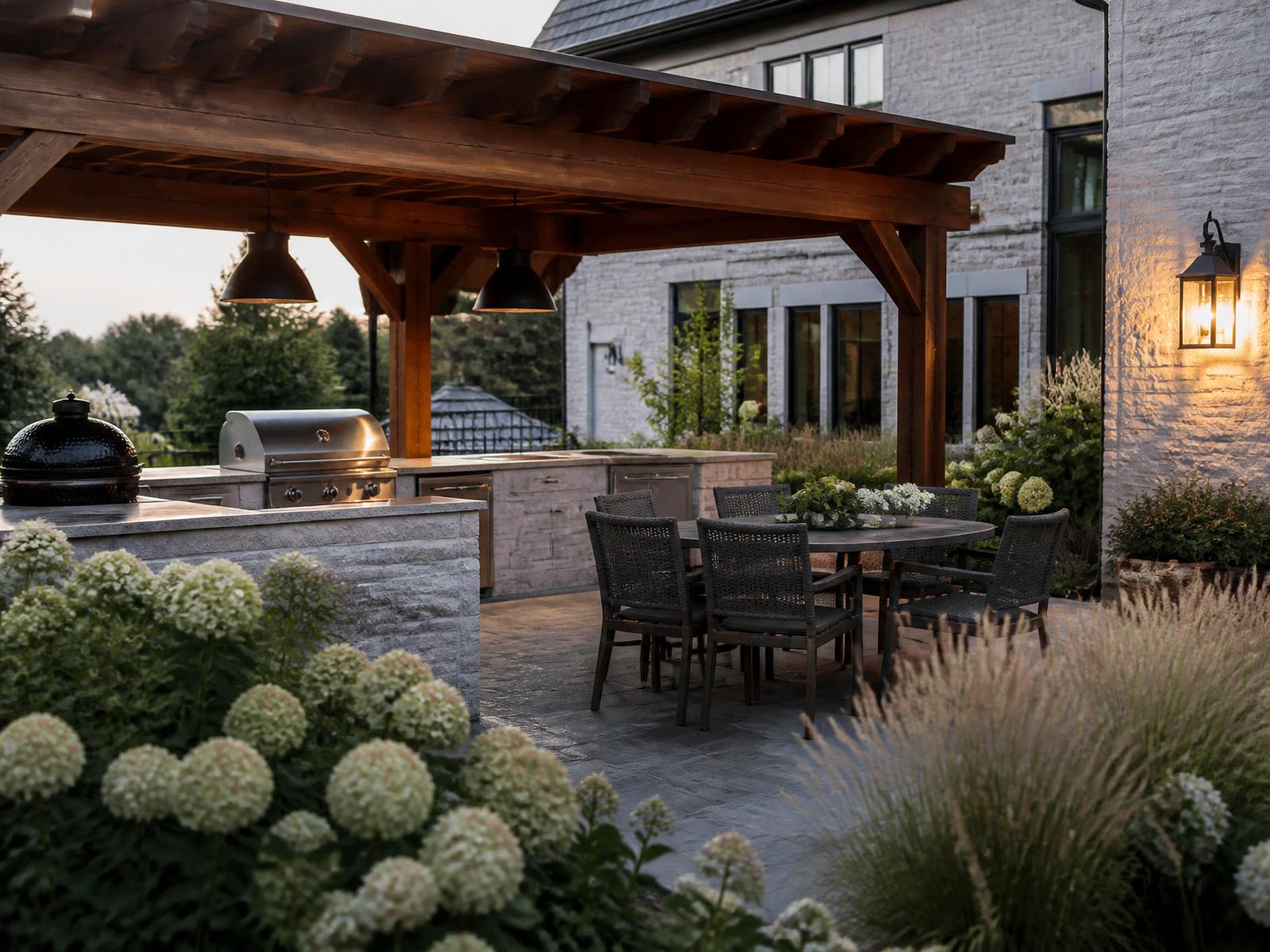 The Terrace at Eagle Creek — Outdoor Kitchen · Bluestone Terrace · Timber Pergola in Zionsville, IN